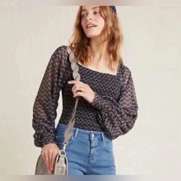 Anthropologie Tops - Anthropologie Rouen Blouse W/ Smocked Detail & Sheer Long Sleeves Size XSmall
